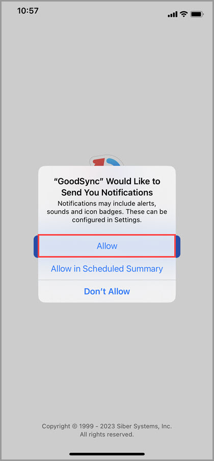 Screenshot showing the prompt in GoodSync for iOS that requires tapping 'Allow' to enable notifications.