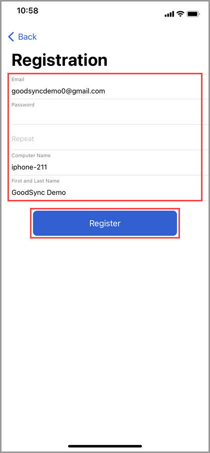 Screenshot of GoodSync for iOS demonstrating how to complete the registration process