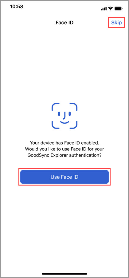Screenshot of GoodSync for iOS demonstrating the option to configure biometrics for unlocking the app or to skip this step