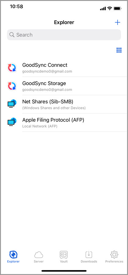 Screenshot of the 'Explorer' tab in GoodSync for iOS showing the default connections to GoodSync Connect, GoodSync Storage, and the local network shares