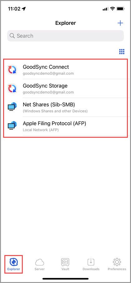 Screenshot of the 'Explorer' tab in GoodSync for iOS showing the default connections to GoodSync Connect, GoodSync Storage, and the local network shares