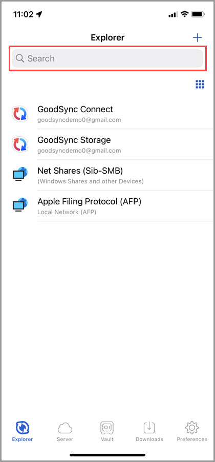 Screenshot of the 'Explorer' tab in GoodSync for iOS highlighting the search field