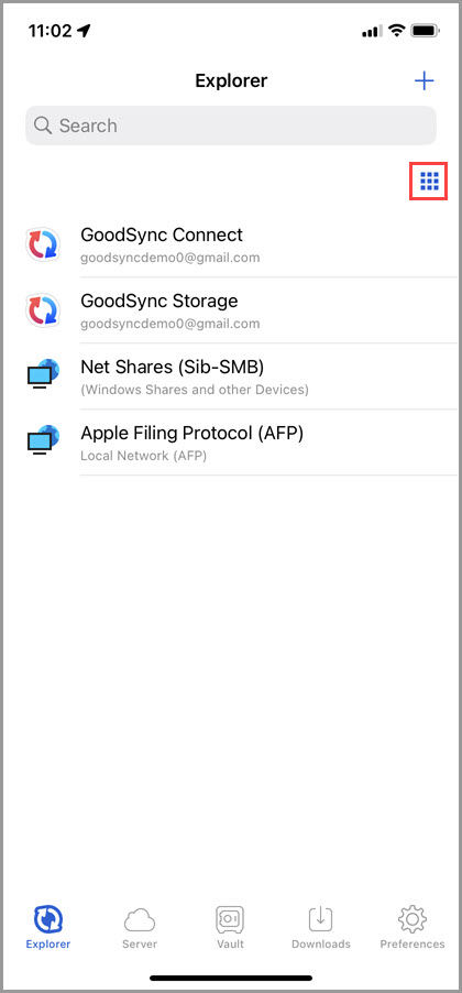 Screenshot of the 'Explorer' tab in GoodSync for iOS demonstrating how to switch to the the Grid view mode