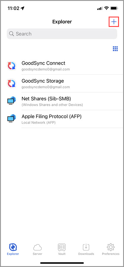 Screenshot of the 'Explorer' tab in GoodSync for iOS showing how add a new connected Account