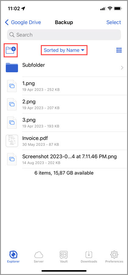Screenshot of the 'Explorer' tab in GoodSync for iOS showing the options to create a new folder and sort the items