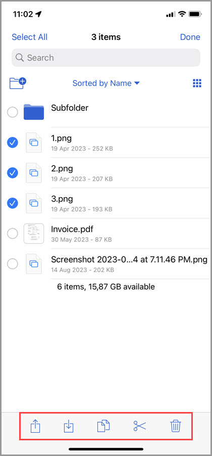 Screenshot of the 'Explorer' tab in GoodSync for iOS showing the actions available for selected items
