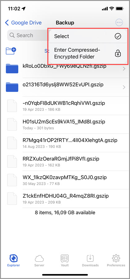 Screenshot of the 'Explorer' tab in GoodSync for iOS showing how to access the options to select multiple items or enter an encrypted folder