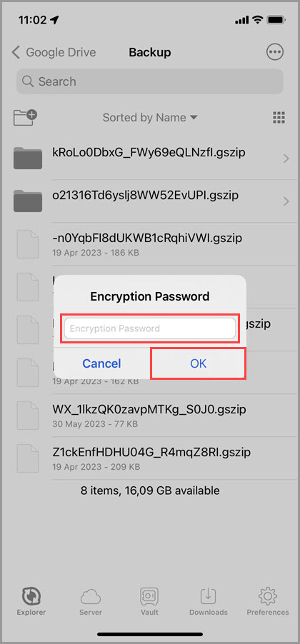 Screenshot of the 'Explorer' tab in GoodSync for iOS showing how to enter the password for entering an encrypted folder