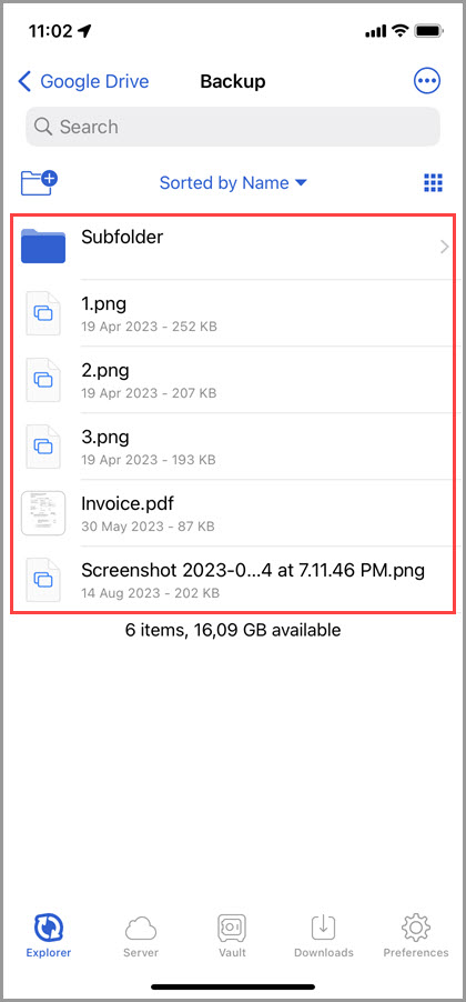Screenshot of the 'Explorer' tab in GoodSync for iOS displaying example contents of an encrypted folder