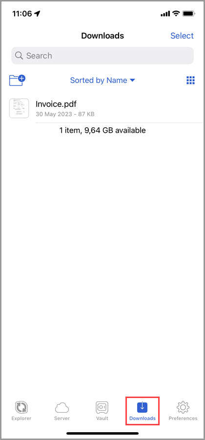 Screenshot of the 'Downloads' tab in GoodSync for iOS showing example contents