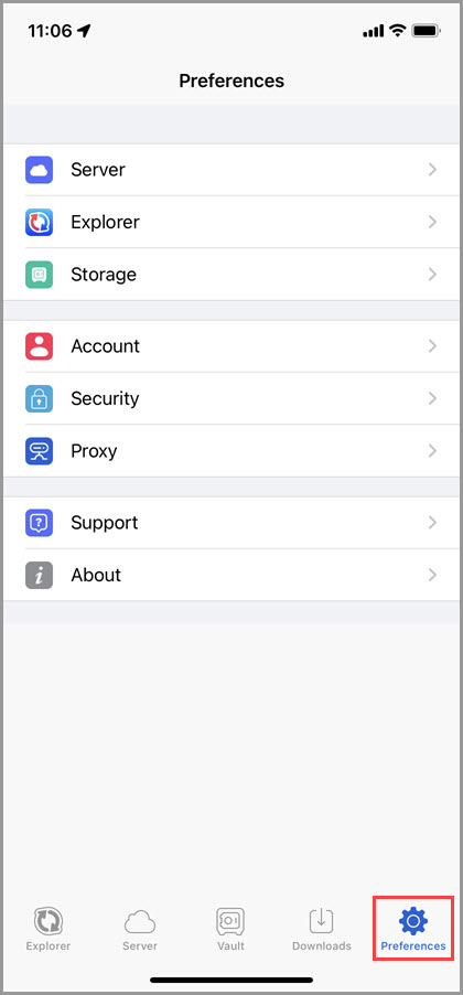 Screenshot of the 'Preferences' tab in GoodSync for iOS