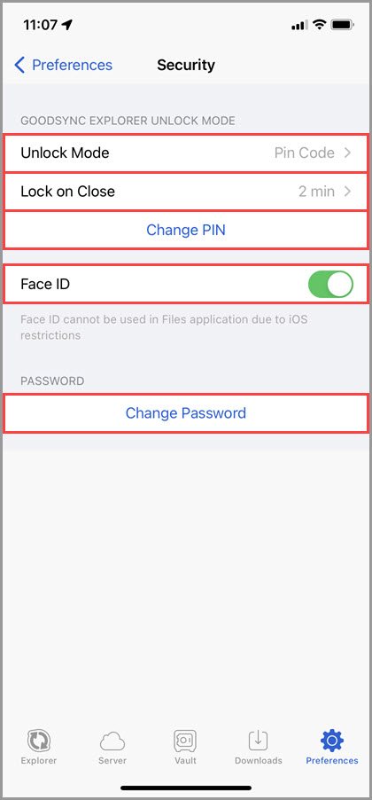 Screenshot of the 'Security' section of the GoodSync for iOS Preferences highlighting the available settings