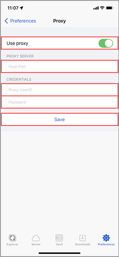Screenshot of the 'Proxy' section of the GoodSync for iOS Preferences highlighting the available settings