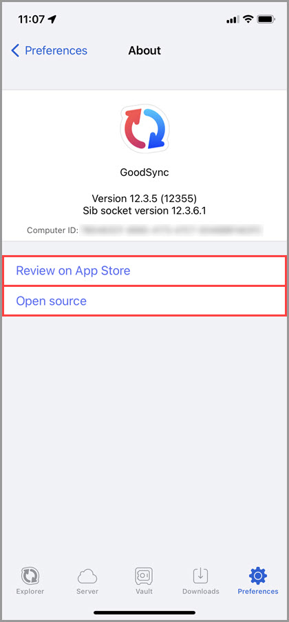 Screenshot of the 'About' section of the GoodSync for iOS Preferences highlighting the available actions