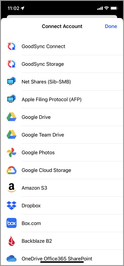 Screenshot of the 'Explorer' tab in GoodSync for iOS displaying the list of supported file systems