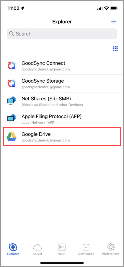 Screenshot of the 'Explorer' tab in GoodSync for iOS highlighting the Google Drive file system