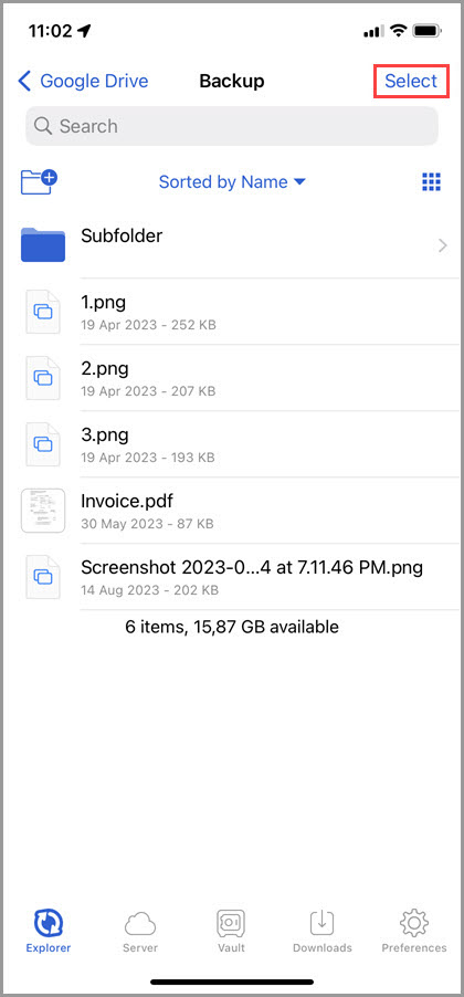 Screenshot of the 'Explorer' tab in GoodSync for iOS demonstrating how to select multiple items