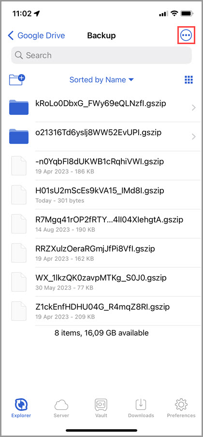 Screenshot of the 'Explorer' tab in GoodSync for iOS highlighting the 3-dot icon in the upper right corner