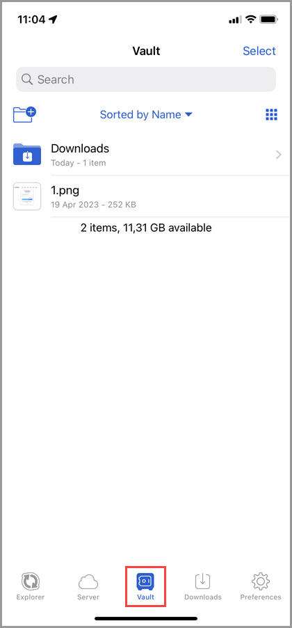 Screenshot of the 'Vault' tab in GoodSync for iOS showing example contents of the Vault