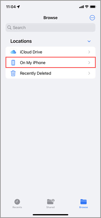Screenshot of the iOS Files app demonstrating how to access the 'On My iPhone' location