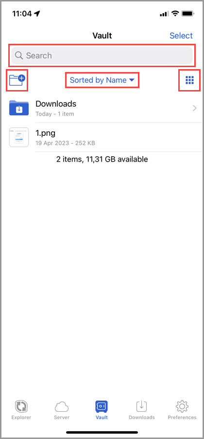 Screenshot of the 'Vault' tab in GoodSync for iOS highlighting the file management controls