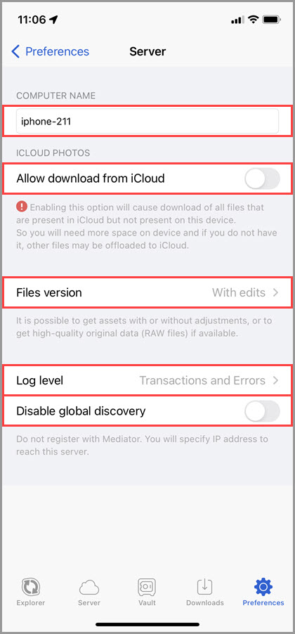 Screenshot of the 'Server' section of the GoodSync for iOS Preferences highlighting the available settings