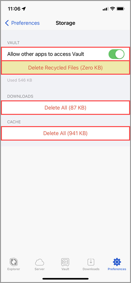 Screenshot of the 'Storage' section of the GoodSync for iOS Preferences highlighting the available settings
