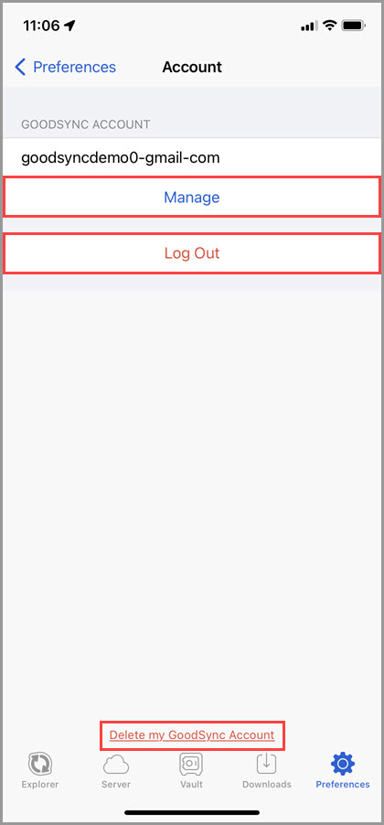 Screenshot of the 'Account' section of the GoodSync for iOS Preferences highlighting the available settings