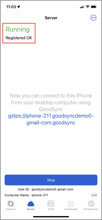 Screenshot of the 'Server' tab in GoodSync for iOS showing the running status of the server and a GSTP URL for accessing the device