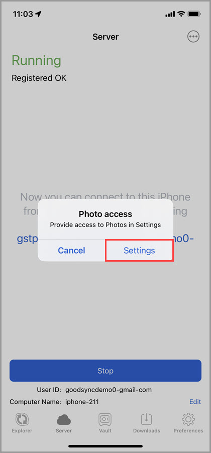 Screenshot of GoodSync for iOS displaying a prompt to go to the iOS Settings to grant GoodSync access to photos on the device
