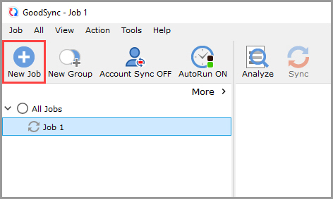 Screenshot showing how to create a new job in GoodSync for Windows via the Job menu