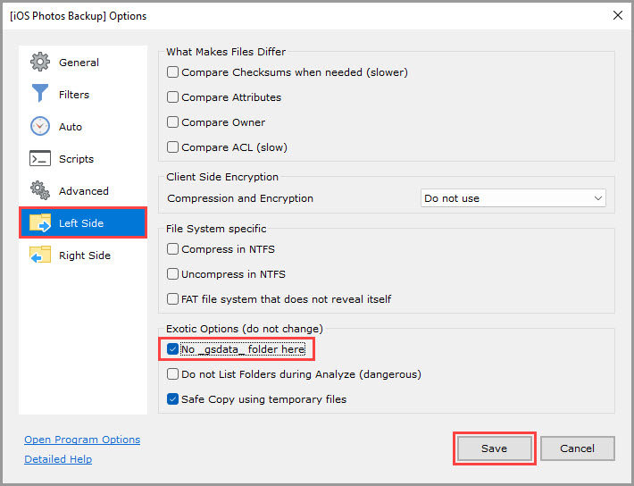 Screenshot demonstrating how to locate and enable the 'No _gsdata_ folder here' feature in GoodSync for Windows