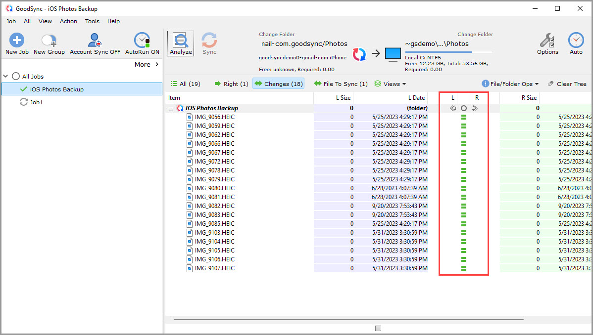 Screenshot displaying the results of a completed GoodSync job