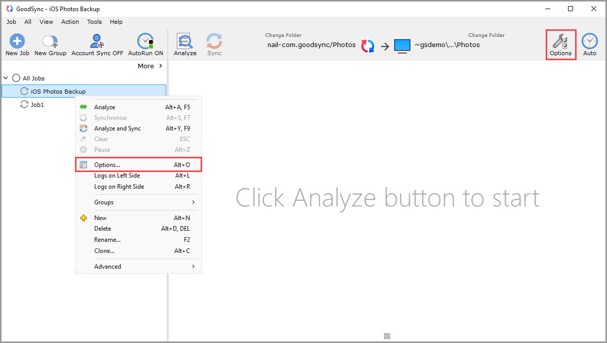 Screenshot demonstrating how to access the Job Options in GoodSync for Windows