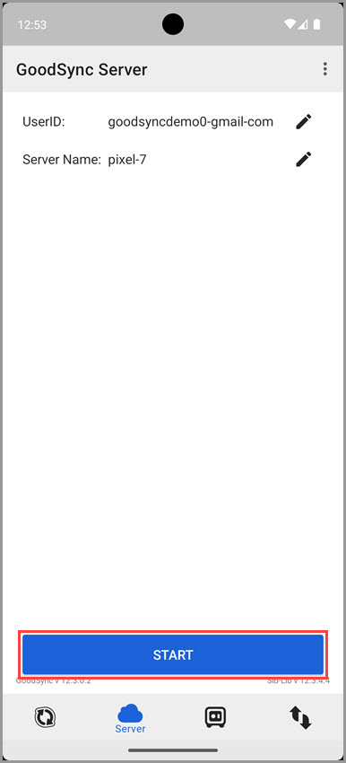 Screenshot of the 'Server' tab in GoodSync for Android demonstrating how to start the GoodSync server