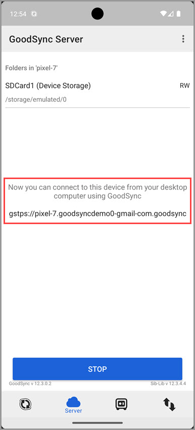 Screenshot of the 'Server' tab in GoodSync for Android showing the running status of the server and a GSTP URL for accessing the device