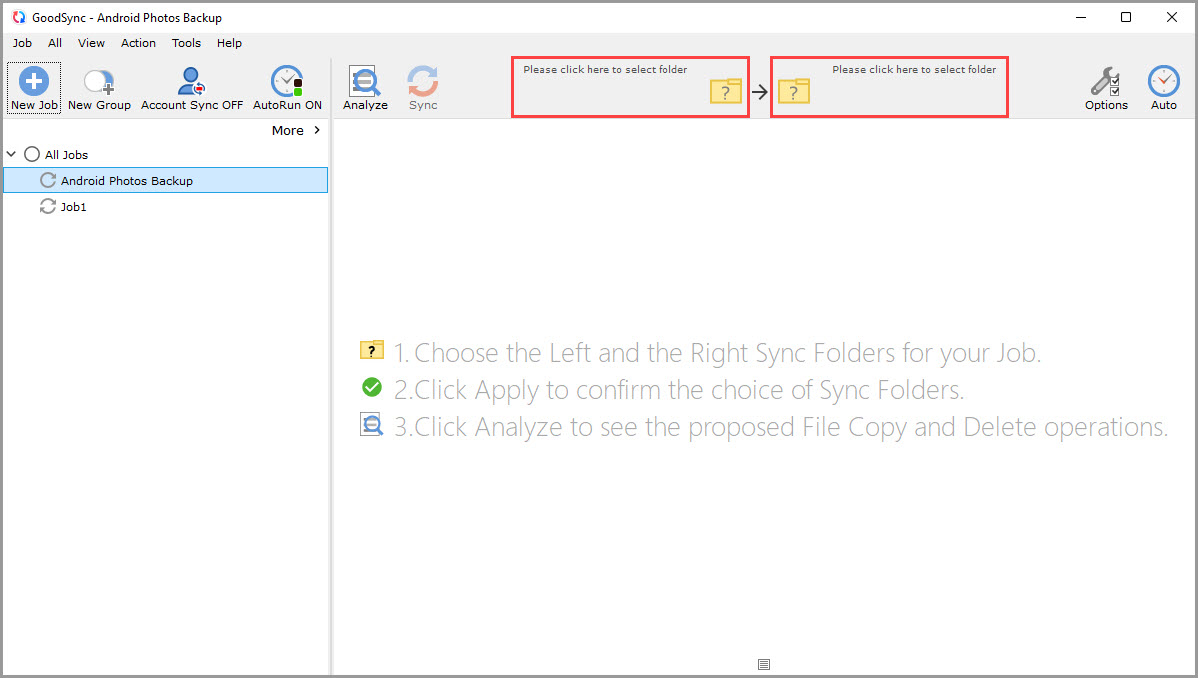 Screenshot of the GoodSync window illustrating how to enter browse mode for sync folder selection