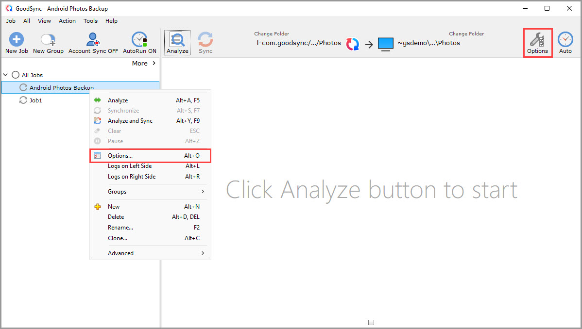 Screenshot demonstrating how to access the Job Options in GoodSync for Windows