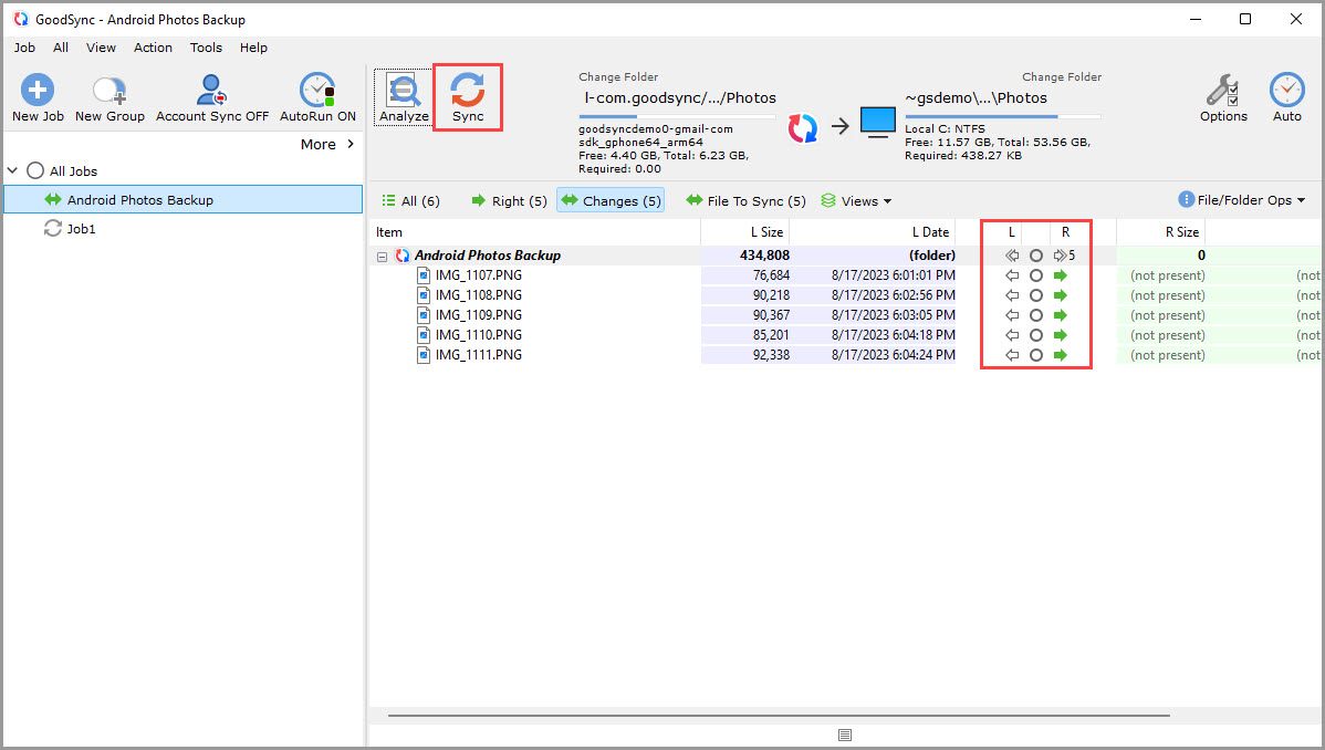 Screenshot of the GoodSync window showing how to review changes and initiate synchronization