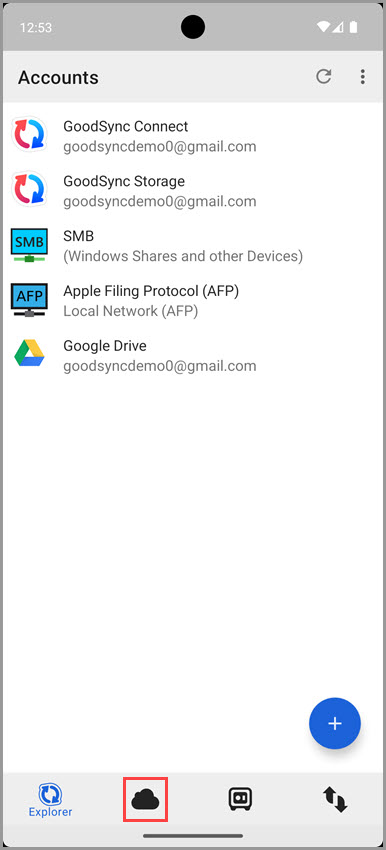 Screenshot of GoodSync for Android showing how to access the 'Server' tab