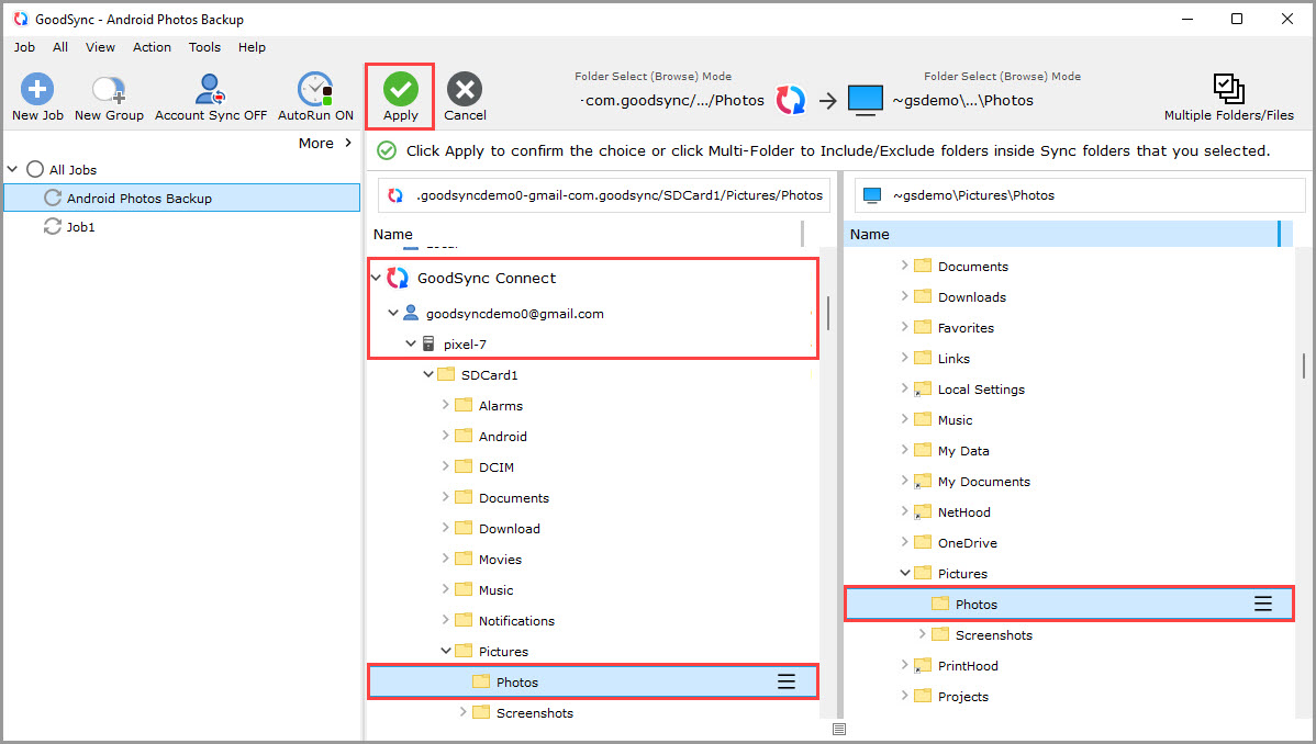 Screenshot illustrating the process of selecting the Photos folder on an Android device for syncing through GoodSync Connect