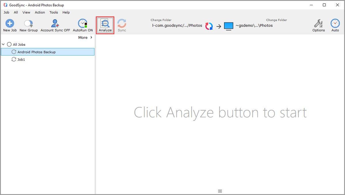 Illustration of clicking the Analyze button to view the changes suggested by GoodSync