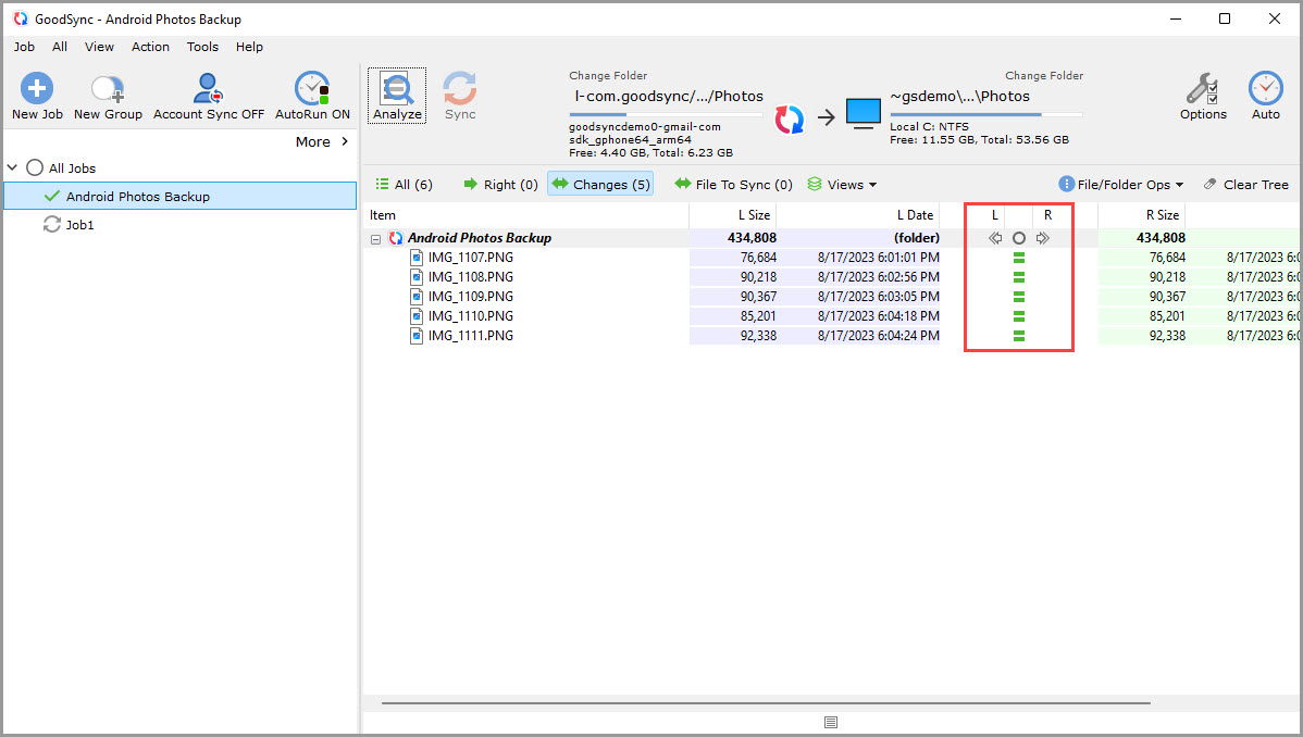 Screenshot displaying the results of a completed GoodSync job