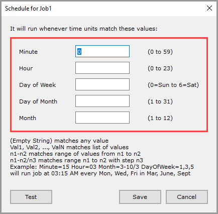 Screenshot displaying the schedule configuration window for the 'On Schedule' setting in the 'Auto' section of the Job Options