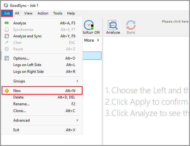 Showing how to create a new job in GoodSync via the Job menu
