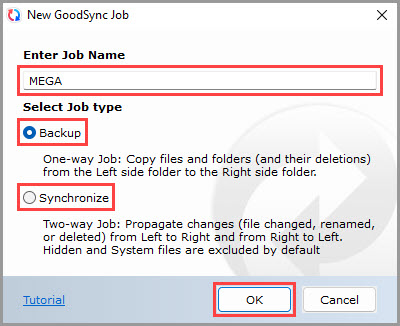 Demonstrating how to set the job name and job type for a new GoodSync job
