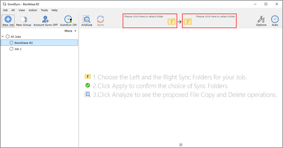 Screenshot of the GoodSync window illustrating how to enter browse mode for sync folder selection