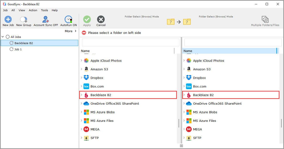 Screenshot of the GoodSync window illustrating how to select the Backblaze B2 file system