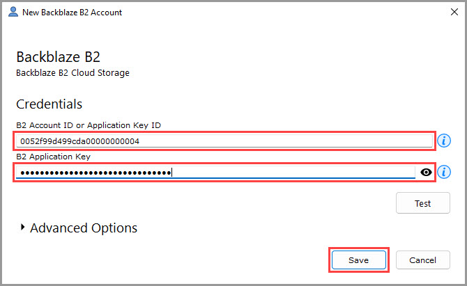 Screenshot showing how to enter credentials to access Backblaze B2 storage