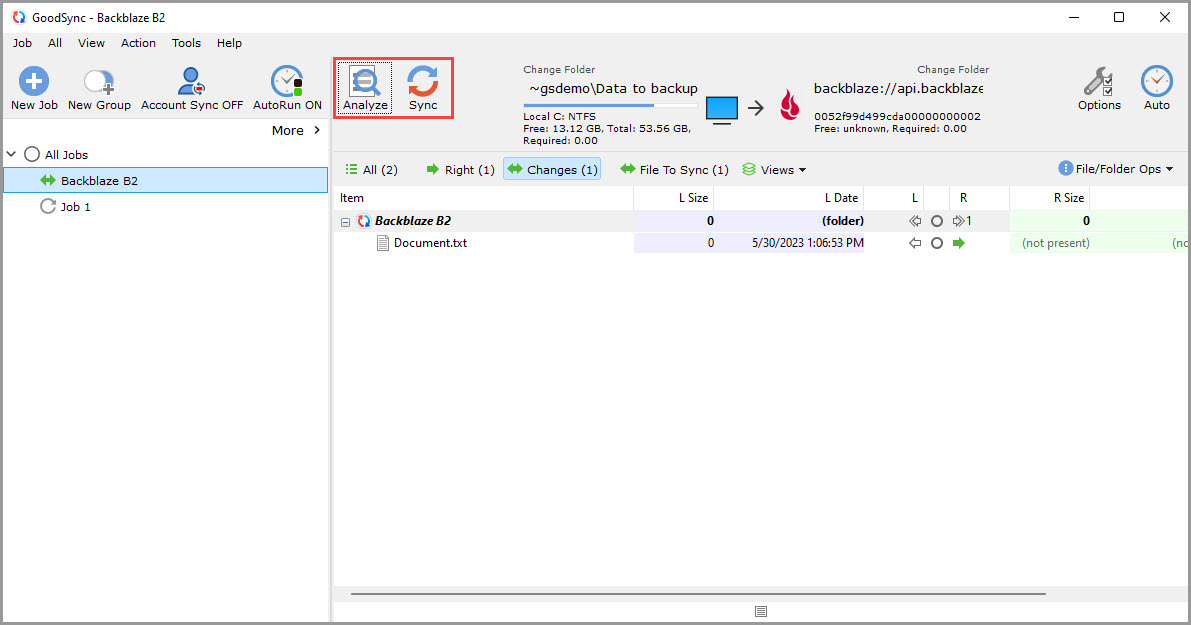 Screenshot demonstrating that a new GoodSync job with Backblaze B2 is ready to Analyze and Sync